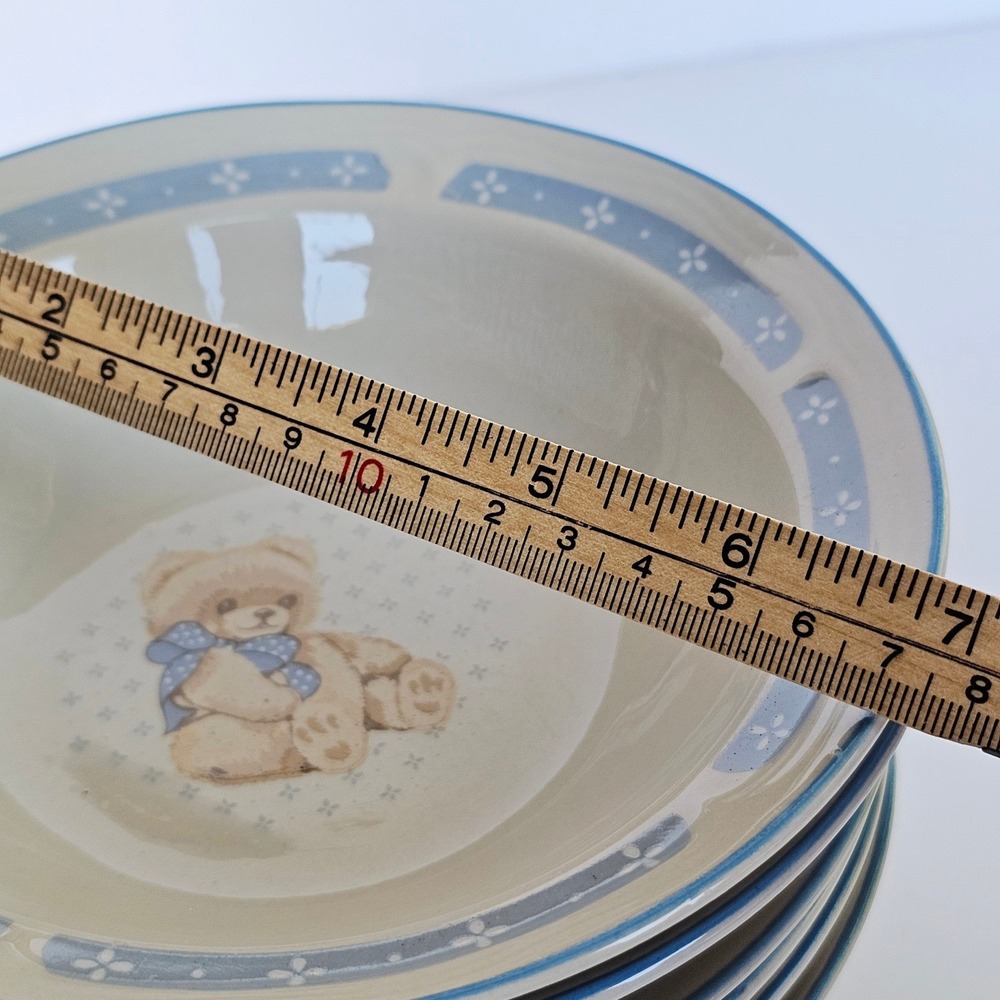 Vintage Tienshan Stoneware Teddy Bear Cereal Bowls Set of 6 Blue Nursery Kitsch - Picture 4 of 15